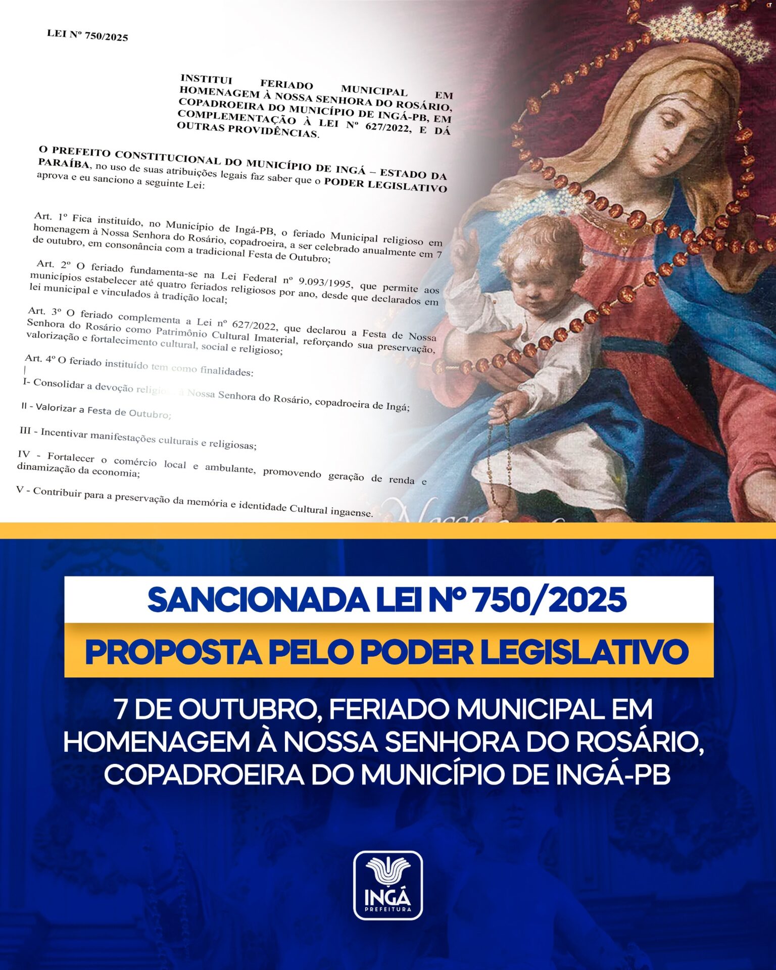 Sancionado feriado para Nossa Senhora do Rosário na cidade de Ingá