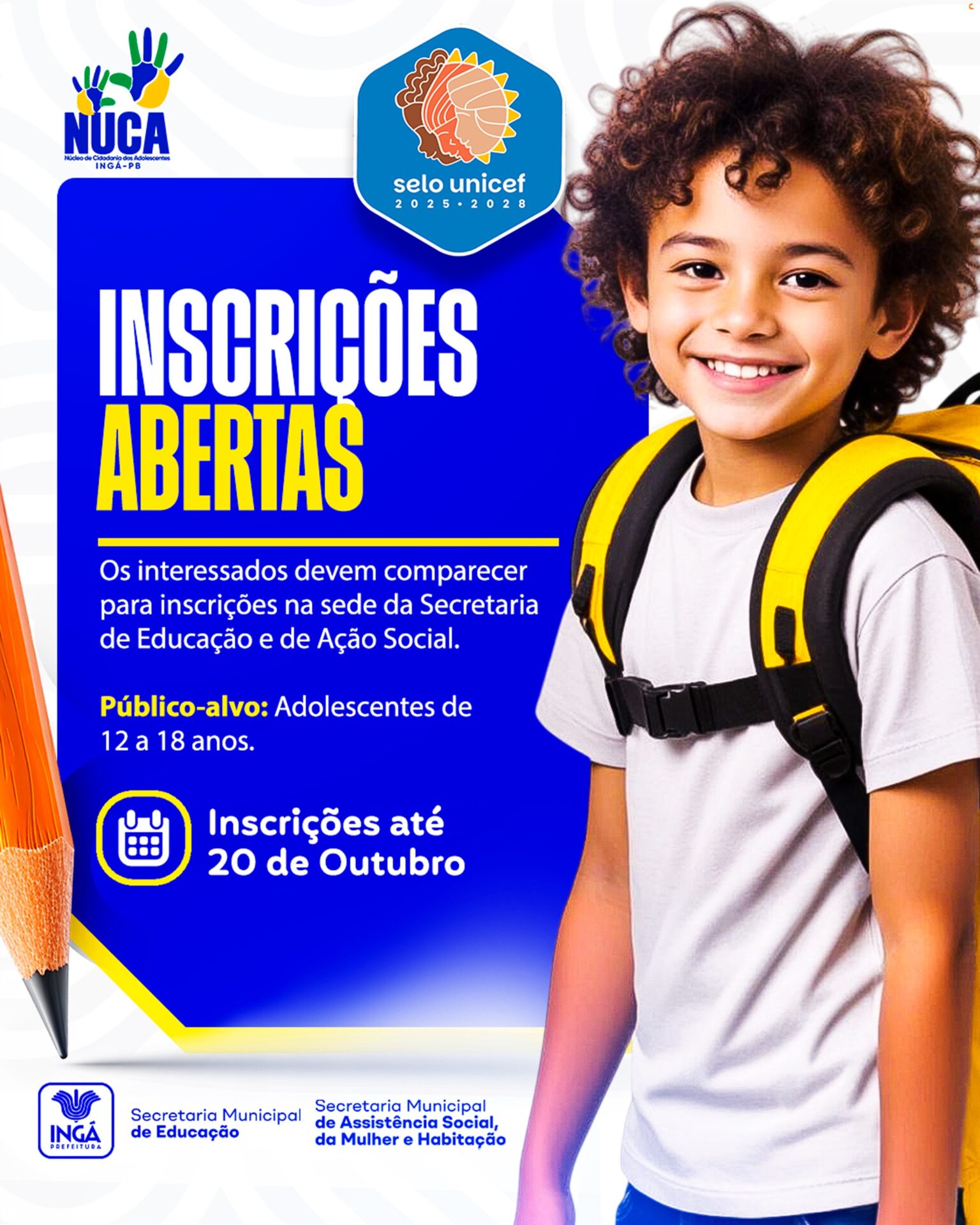 A Prefeitura de Ingá abriu inscrições para o Núcleo de Cidadania dos Adolescentes – NUCA