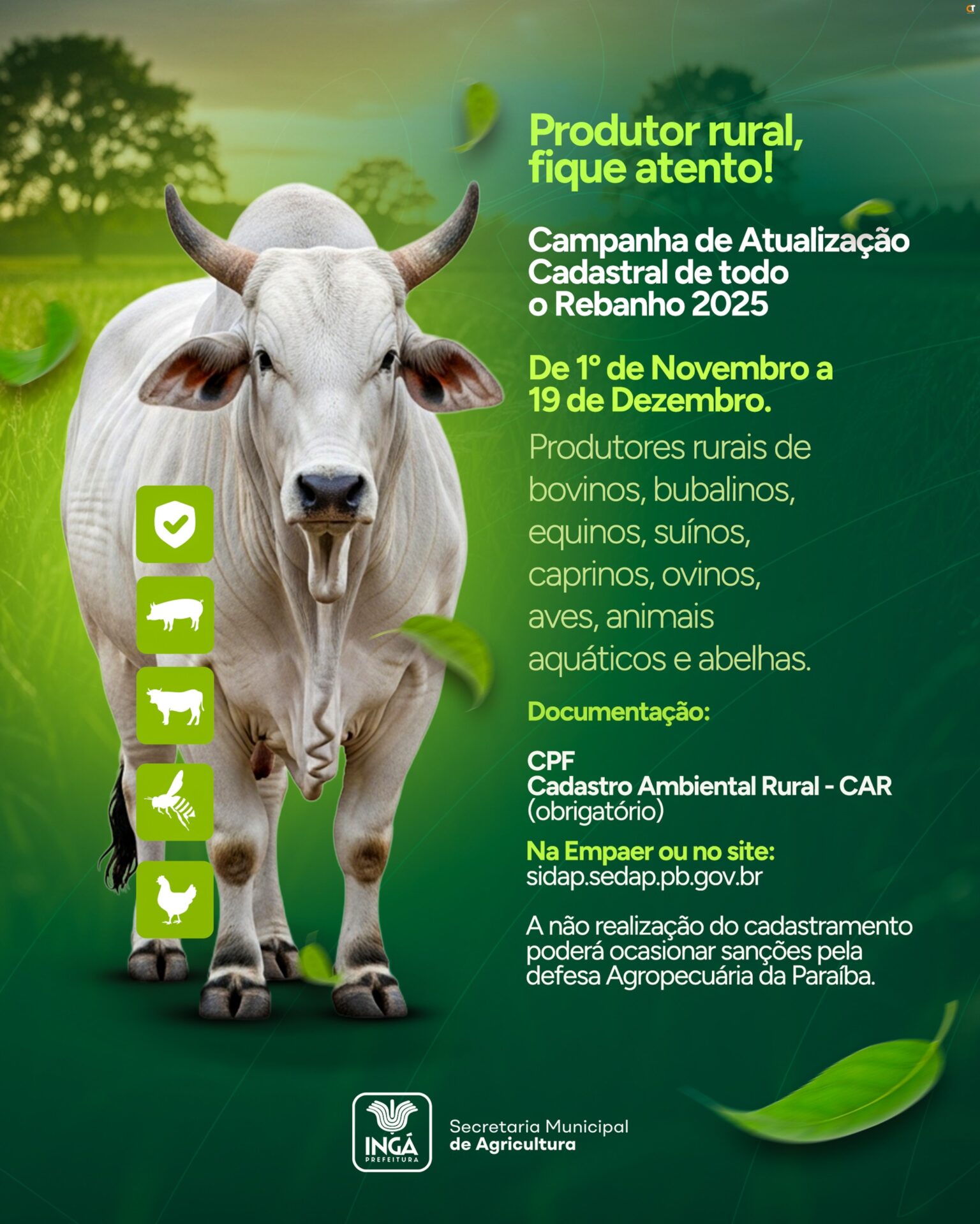 Prefeitura de Ingá e Empaer convocam agricultores para atualização cadastral do rebanho